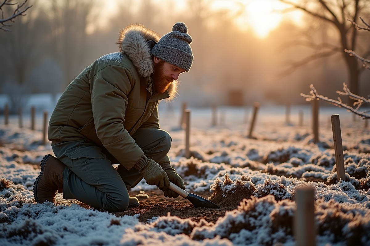 Jardinier en hiver prépare le sol dans un jardin givré