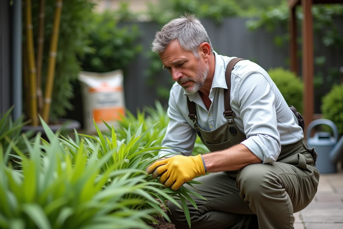 Jardinier examinant une rangée de jeunes bambous non traçants nouvellement plantés pour éviter les erreurs de culture