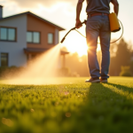 Jardinier arrosant la pelouse au lever du soleil avec brume douce