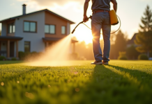 Jardinier arrosant la pelouse au lever du soleil avec brume douce
