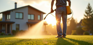 Jardinier arrosant la pelouse au lever du soleil avec brume douce
