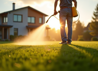 Jardinier arrosant la pelouse au lever du soleil avec brume douce