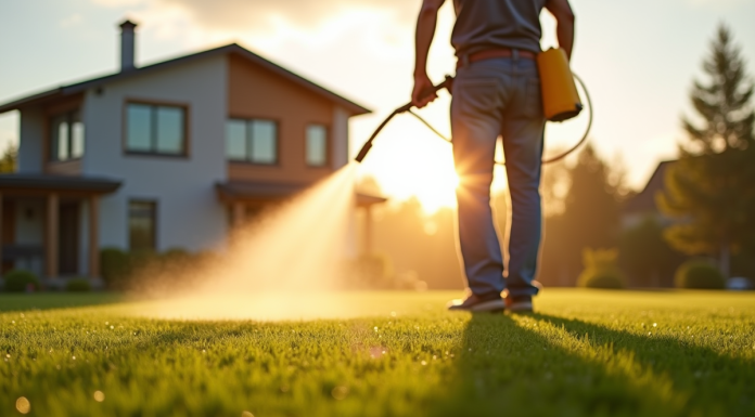 Jardinier arrosant la pelouse au lever du soleil avec brume douce
