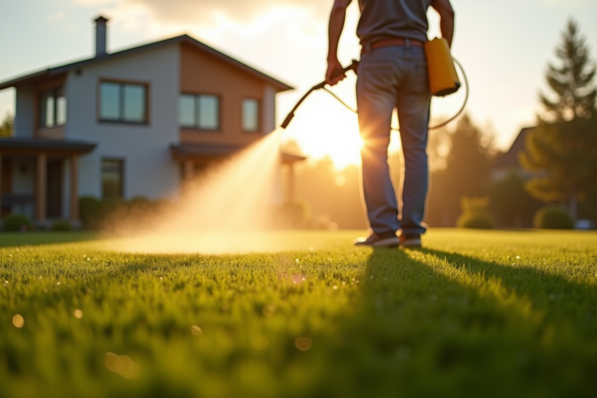 Jardinier arrosant la pelouse au lever du soleil avec brume douce