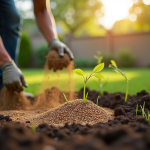 Jardinier semant des graines dans un jardin ensoleille