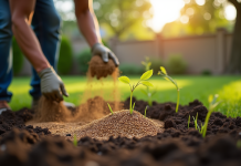 Jardinier semant des graines dans un jardin ensoleille