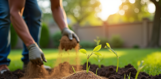 Jardinier semant des graines dans un jardin ensoleille