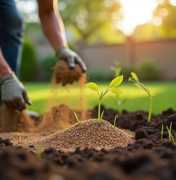 Jardinier semant des graines dans un jardin ensoleille