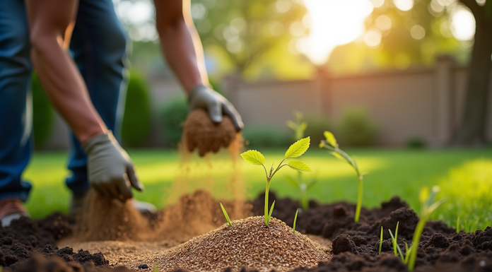 Jardinier semant des graines dans un jardin ensoleille