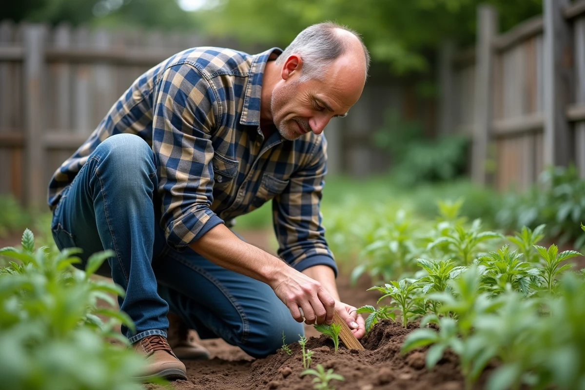 Homme moyen âge mesurant tomates dans un jardin