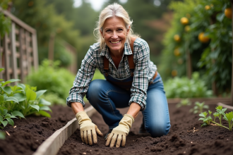 Femme jardinant dans un jardin avec lit surélevé
