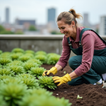 Découvrez les secrets de l’entretien de la toiture végétalisée Femme inspectant des sedums sur un toit jardin urbain