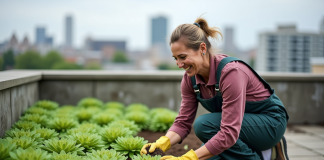 Femme inspectant des sedums sur un toit jardin urbain