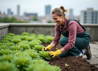 Découvrez les secrets de l’entretien de la toiture végétalisée Femme inspectant des sedums sur un toit jardin urbain