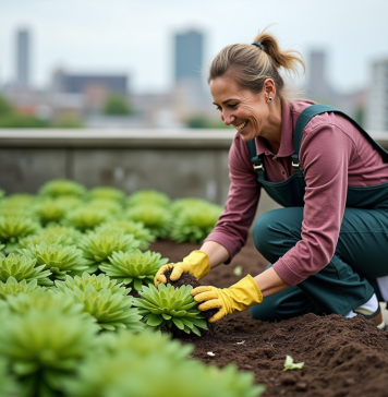 Découvrez les secrets de l’entretien de la toiture végétalisée Femme inspectant des sedums sur un toit jardin urbain