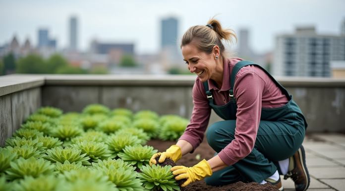 Découvrez les secrets de l’entretien de la toiture végétalisée Femme inspectant des sedums sur un toit jardin urbain