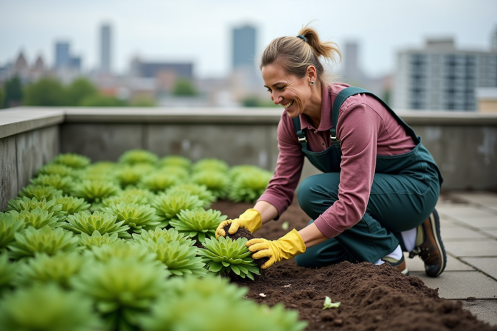 jardiniere-rooftop-verdures Femme inspectant des sedums sur un toit jardin urbain