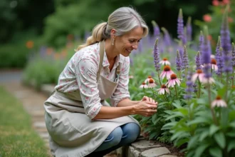 Jardinière examinant des vivaces Promesse de Fleurs dans un massif de jardin