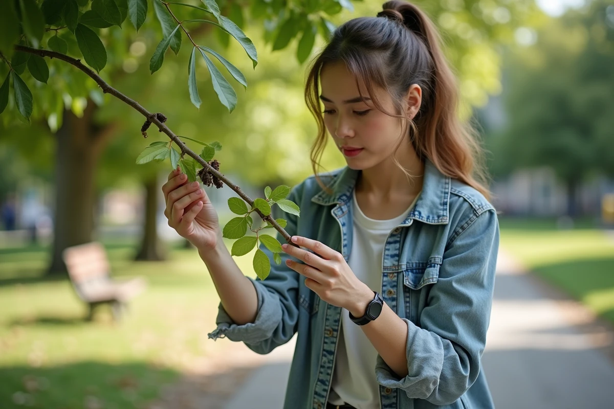 Jeune femme inspectant une branche de mûrier dans un parc