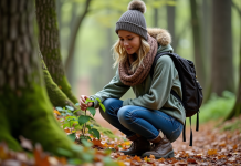 Jeune femme dans la forêt examine une petite plante verte