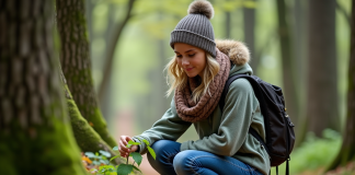 Jeune femme dans la forêt examine une petite plante verte