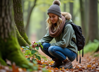 Jeune femme dans la forêt examine une petite plante verte