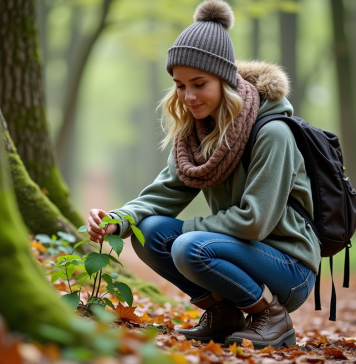 Concepts fondamentaux de l’écologie : découvrir les quatre principes essentiels Jeune femme dans la forêt examine une petite plante verte