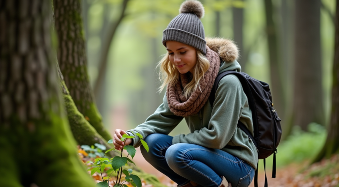 Concepts fondamentaux de l’écologie : découvrir les quatre principes essentiels Jeune femme dans la forêt examine une petite plante verte