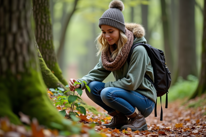 jeune-femme-nature-foret Jeune femme dans la forêt examine une petite plante verte