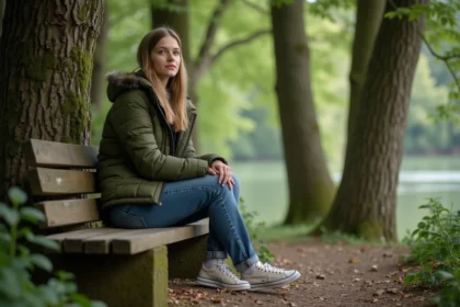 Jeune femme assise dans un parc d'Annecy en nature