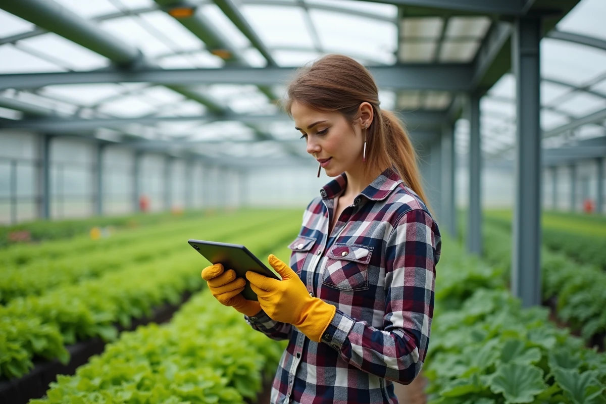 Jeune femme dans une serre moderne avec tablette
