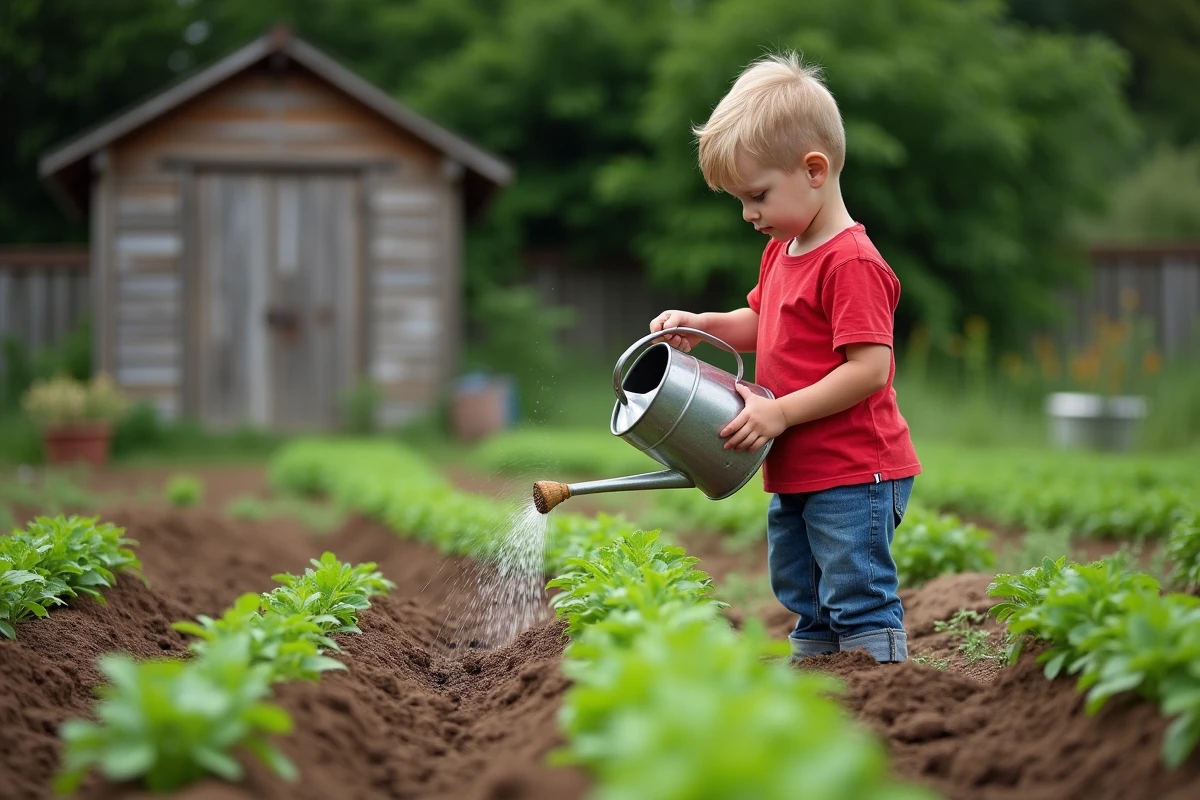 Garçon arrosant des jeunes haricots dans le jardin