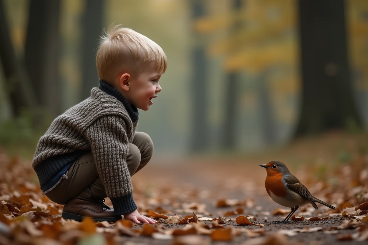 Jeune garçon dans la forêt avec un rouge-gorge à hauteur d
