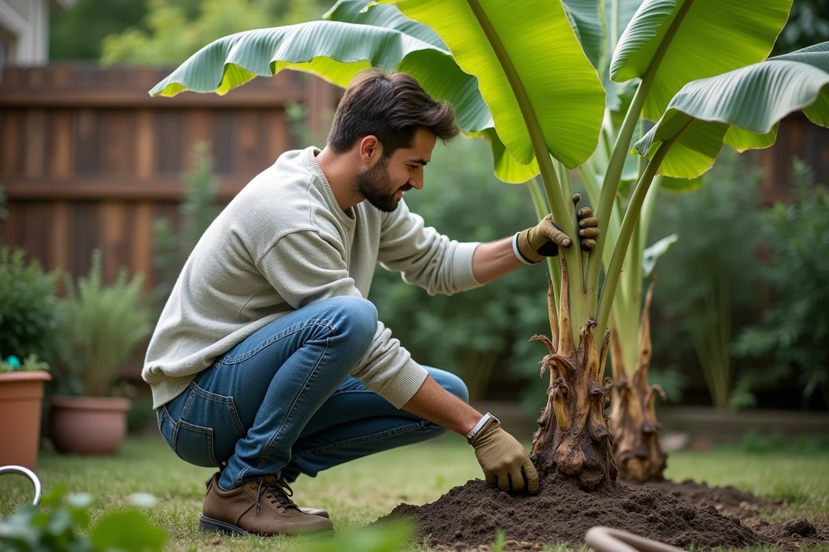 Jeune homme arrosant bananier dans le jardin
