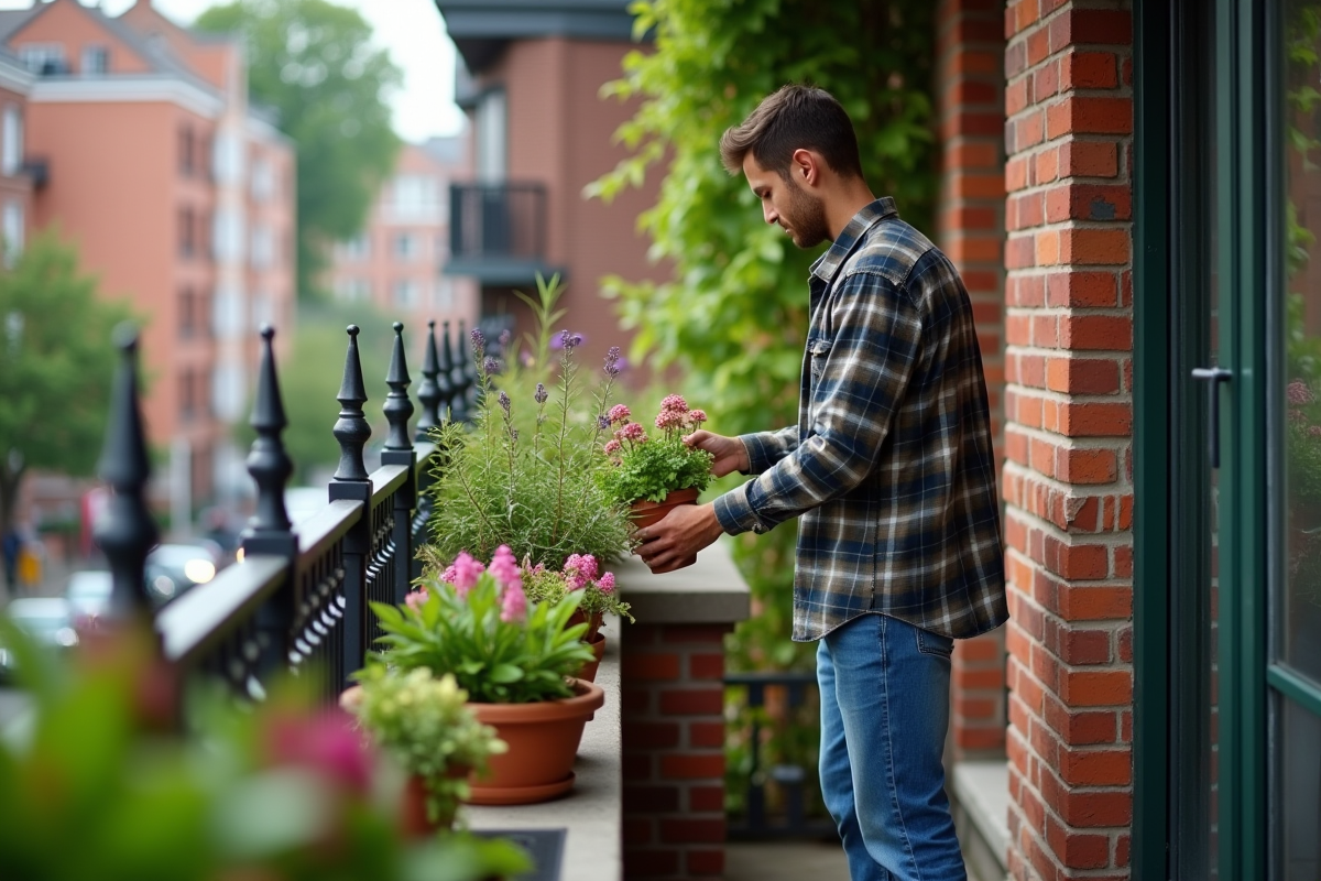 Jeune homme arrangeant plantes sur balcon urbain ombragé
