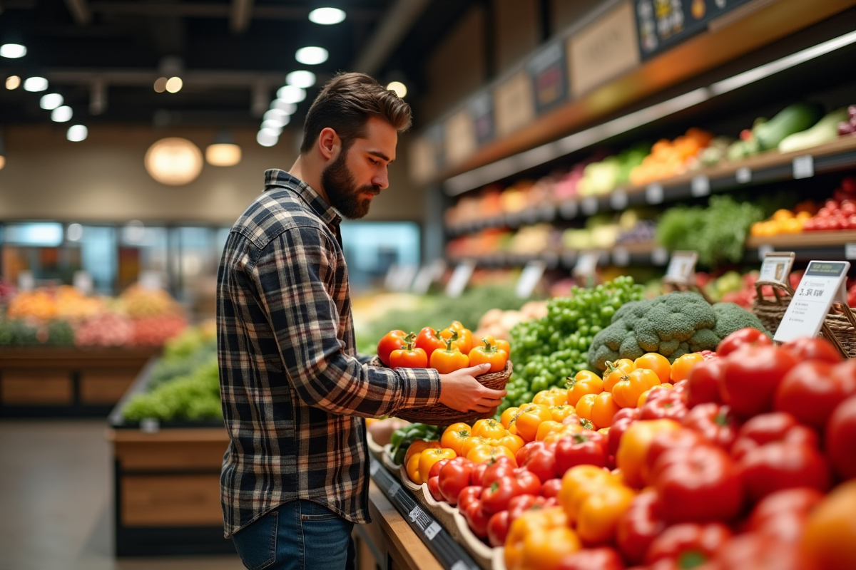 Jeune homme regardant un panier de poivrons en magasin