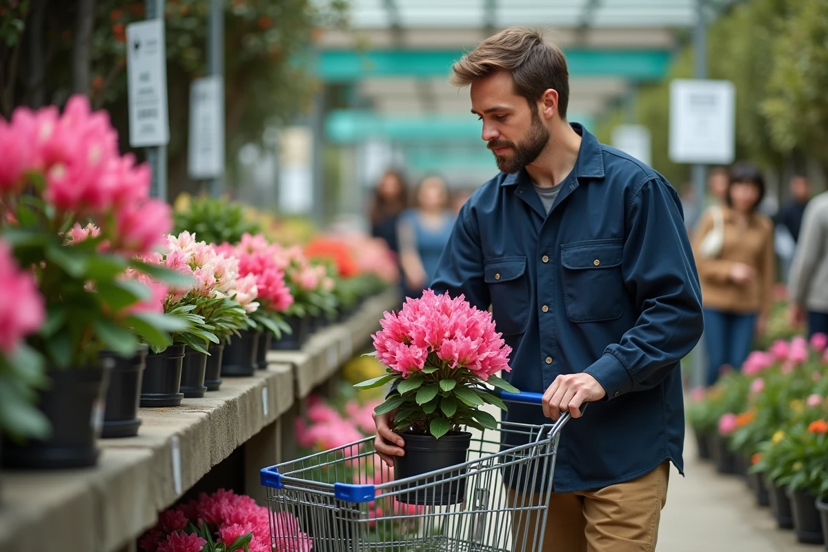 Jeune homme choisissant un rhododendron en jardinerie urbaine