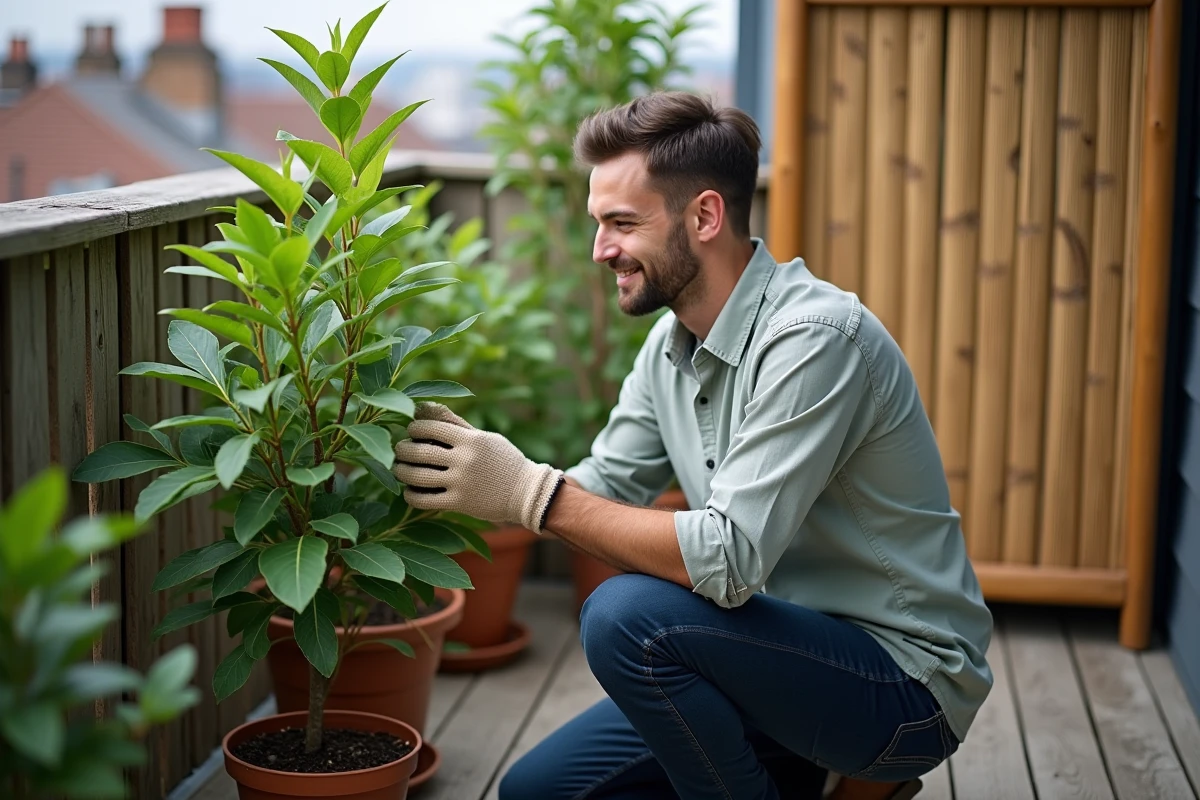 Jeune homme examinant un crape myrtle en balcon