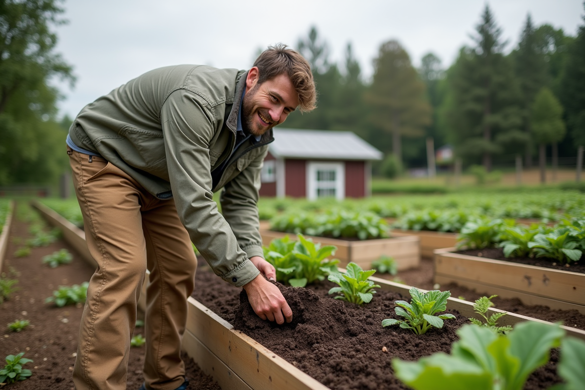 Jeune homme en vêtements de travail étalant du paillis dans un potager