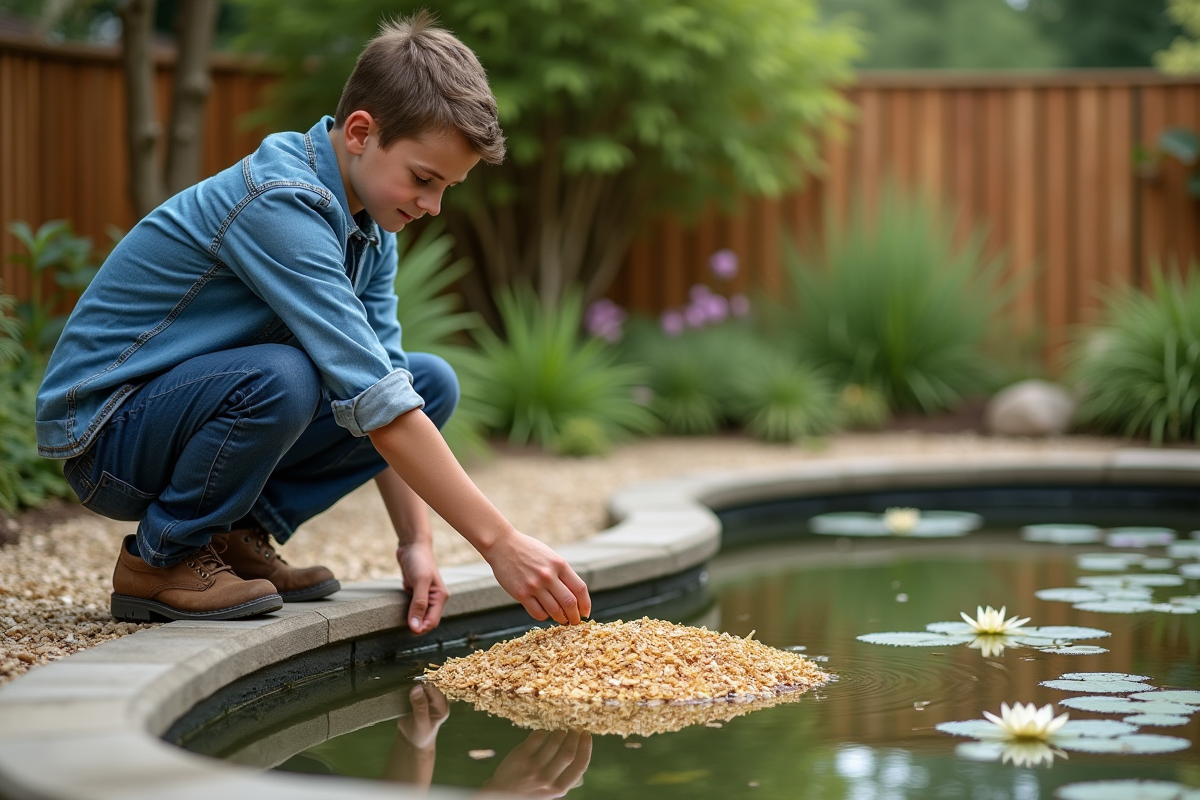 Jeune homme versant des pellets d