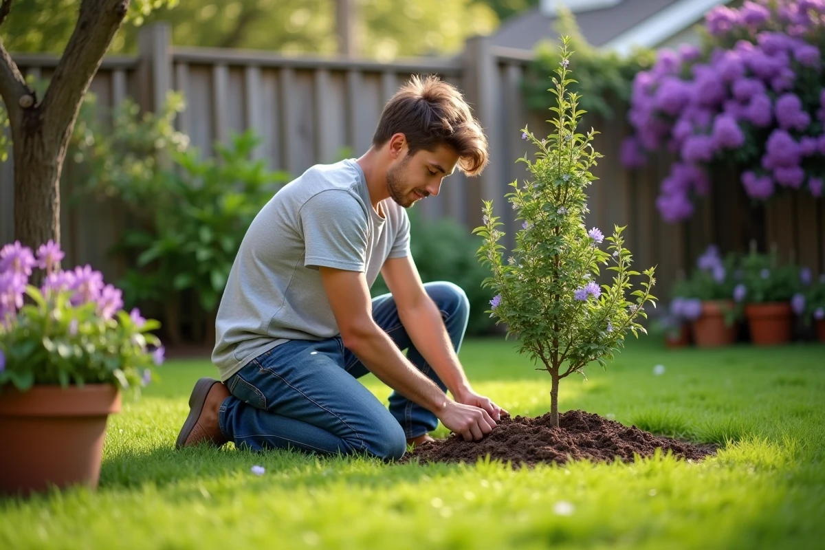 Jeune homme plantant un petit arbre violet dans le jardin