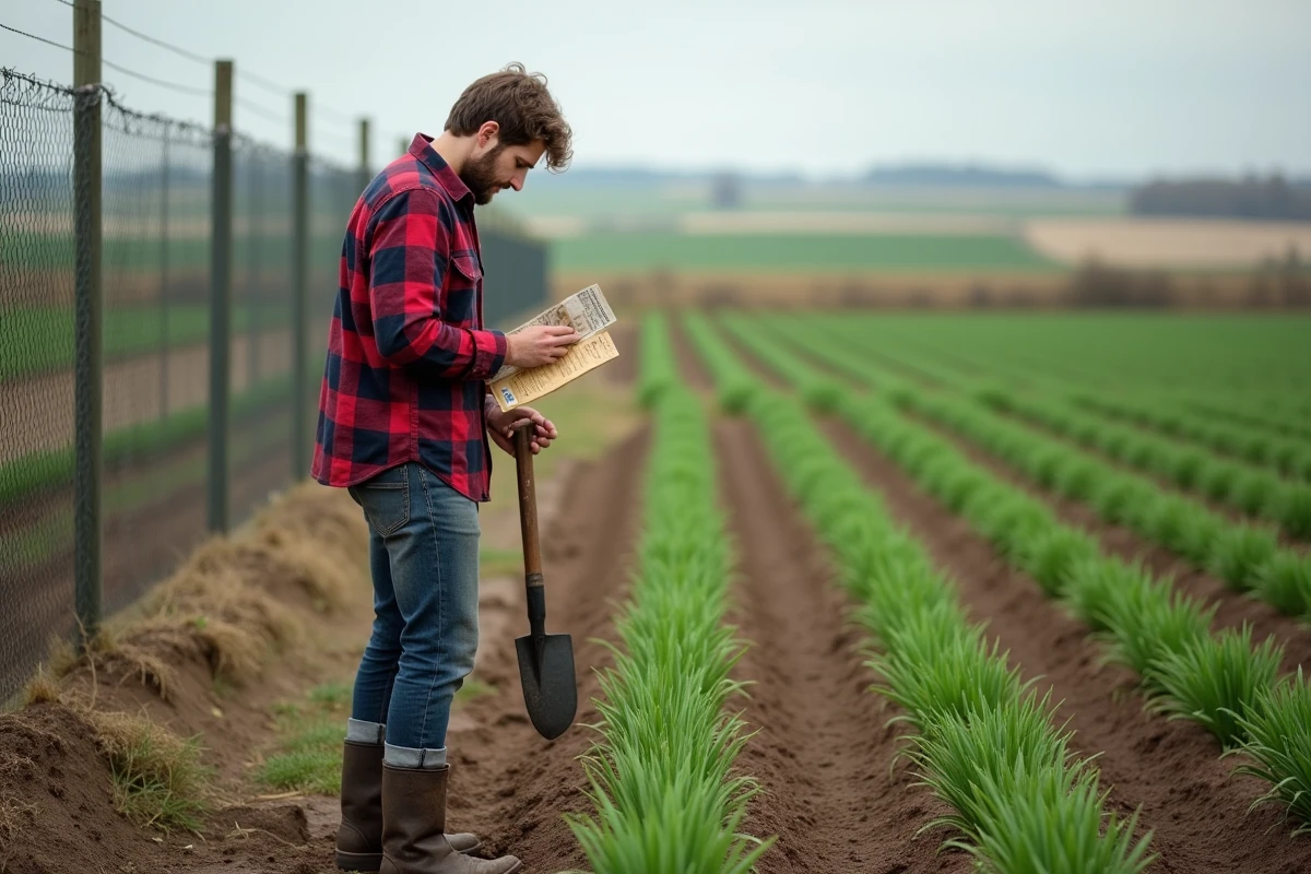 Jeune homme observant les pousses d ail dans le jardin