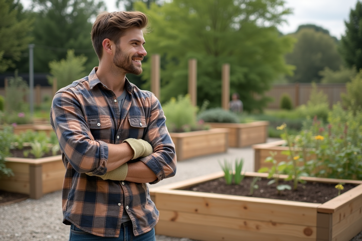 Jeune homme dans un jardin communautaire avec un lit de jardin