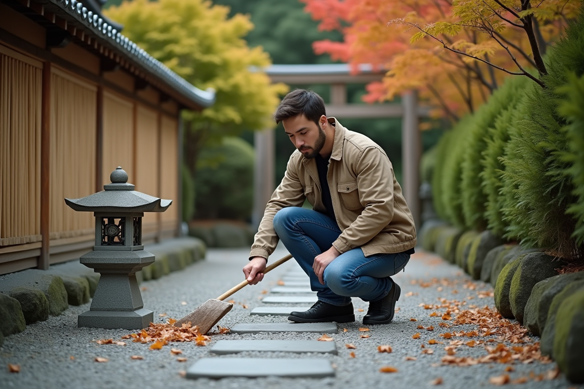 Jeune homme ratisse le gravier dans un jardin japonais