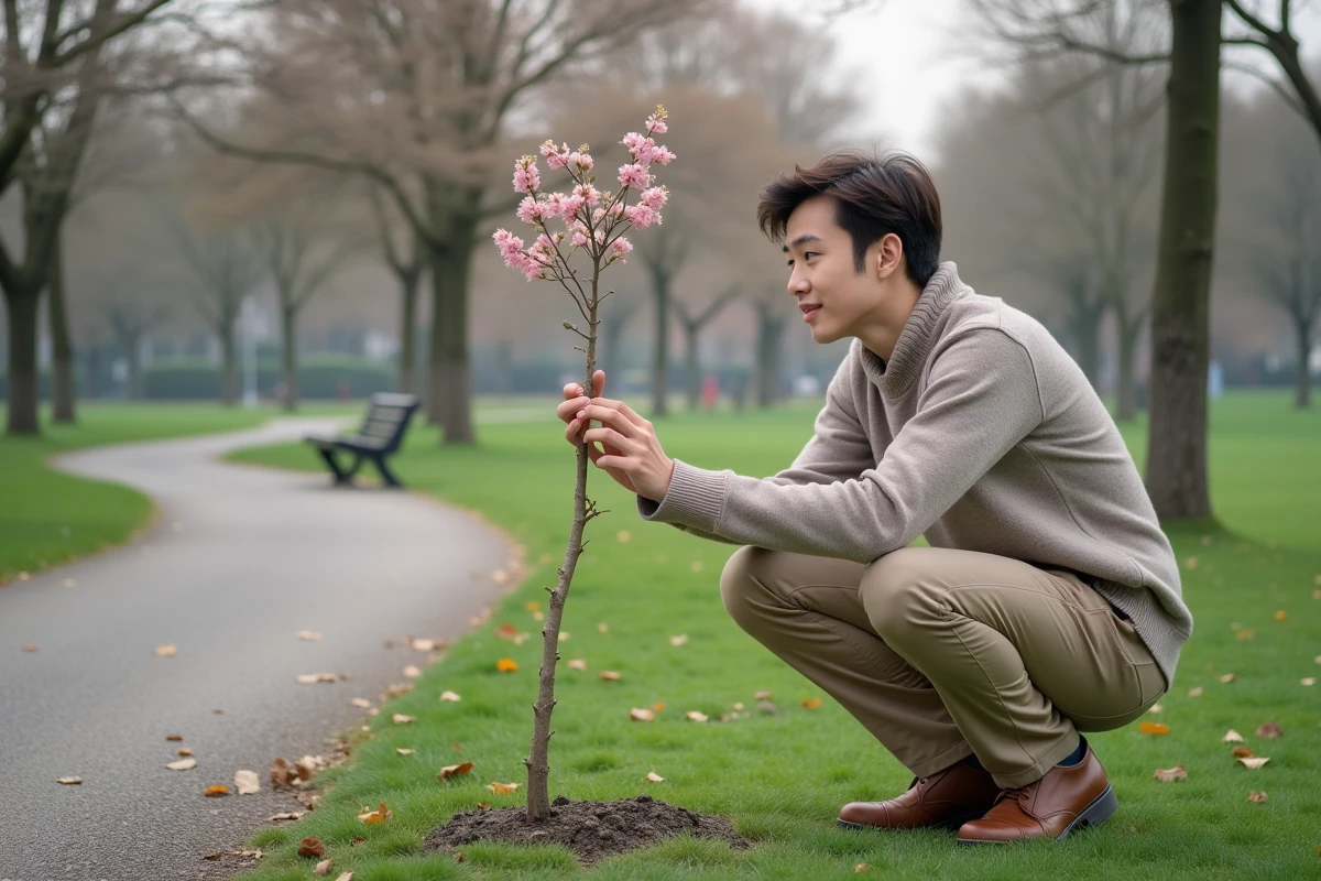 Jeune homme observant un jeune arbre dans un parc urbain