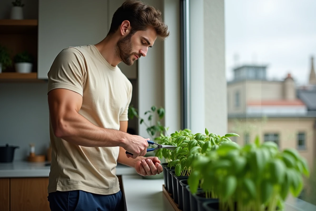 Jeune homme taillant du basilic dans un appartement moderne