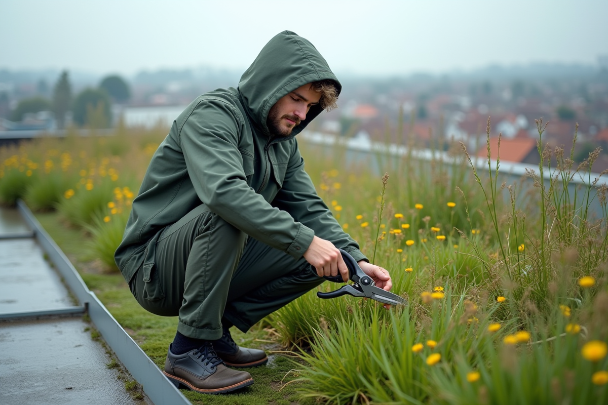 Jeune homme taillant des plantes sur un toit vert