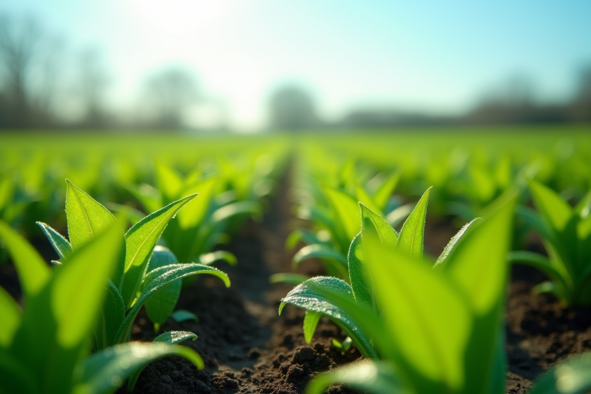 Jeunes pousses de gazon en rangs avec rosée du matin