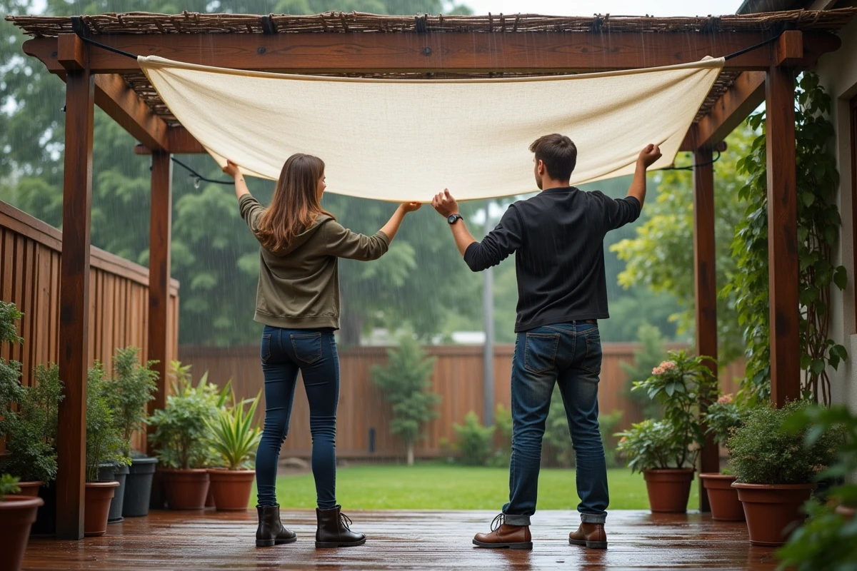 Deux jeunes ajustant une couverture pluie sur pergola