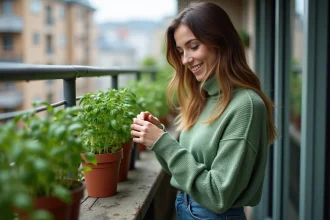 Femme pinçant des feuilles de basilic sur un balcon urbain